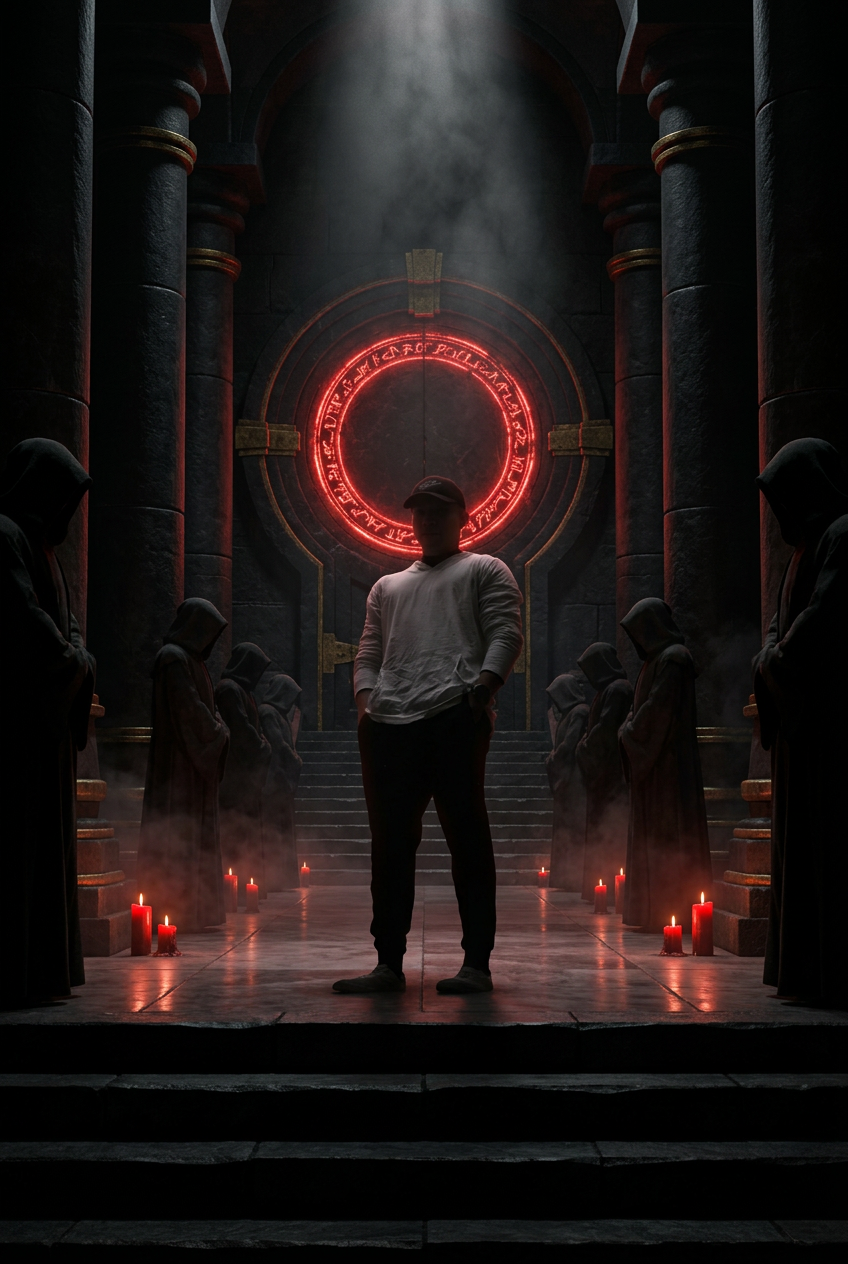 O Insano diante da porta circular do Close, entre figuras encapuzadas